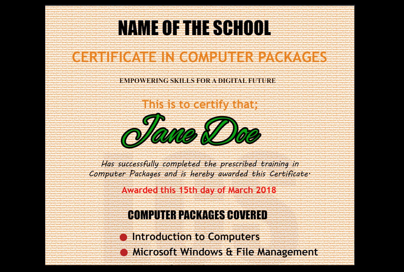 Computer Packages Training Certificate Template (Editable PSD)